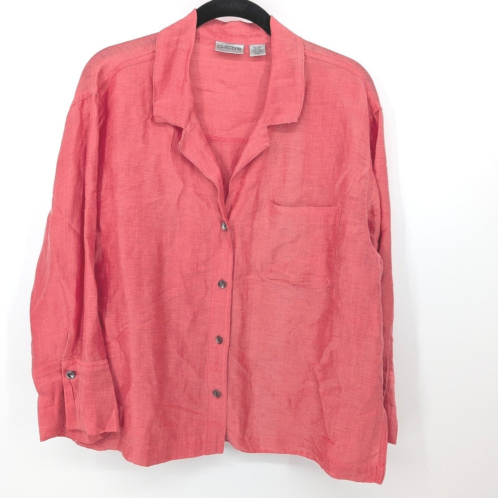 Chicos Button Down Linen Silk Blend‎ Blouse Women Medium Coral Pink Long Sleeve